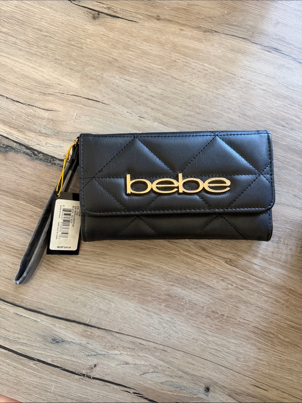 bebe Black Quilted Wristlet Wallet with Gold Logo